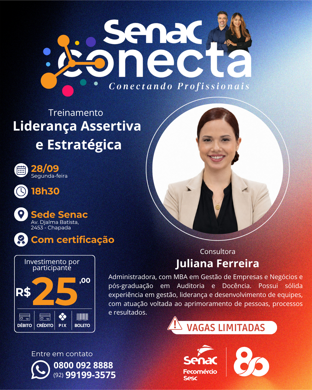 Treinamento Liderança Assertiva e Estratégica, dia 28 de setembro, às 18h30, na Sede Senac